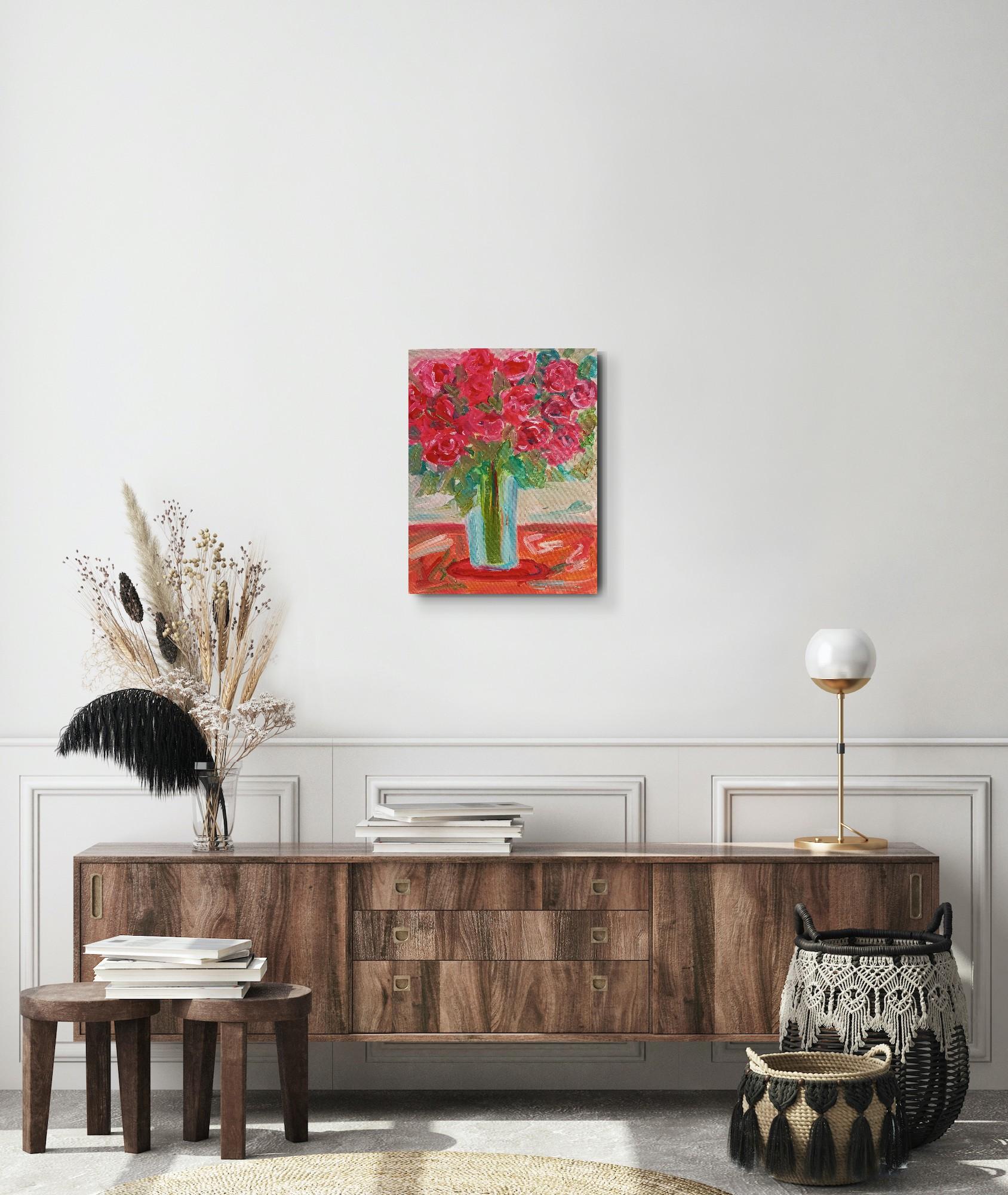 Impresionista contemporáneo expresivo ramo de rosas florales lienzo al óleo 2