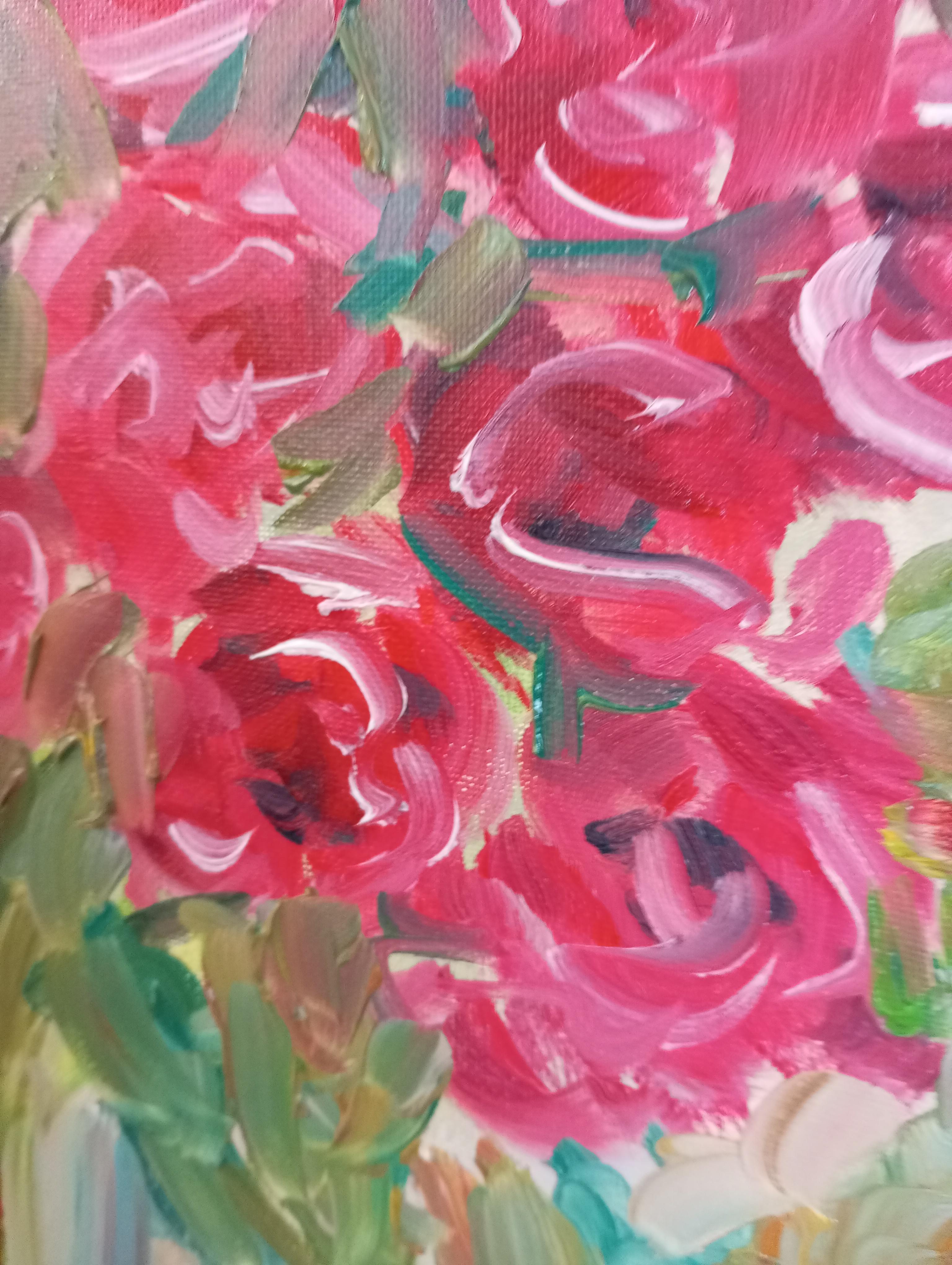 Impresionista contemporáneo expresivo ramo de rosas florales lienzo al óleo 4