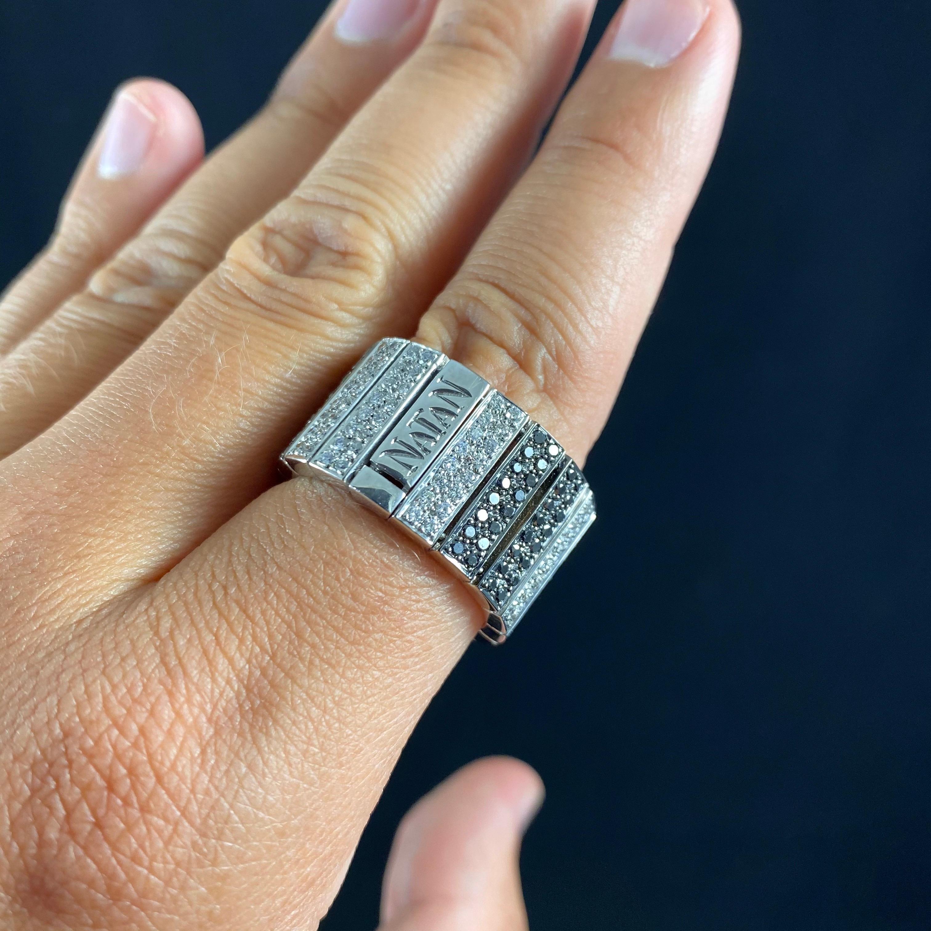 Natan Colorless Fancy Black Diamond Geometric Articulated Ring White Gold Brazil In Good Condition For Sale In Lisbon, PT