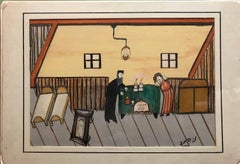 Israeli Judaica Shtetl Family Shabbat Scene Naive Art Oil Painting