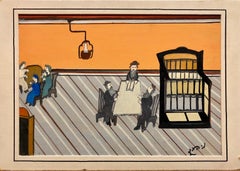 Israelische Judaica Shtetl „The Lesson“ Rabbiner, Studiende Szene, Naive Kunst, Ölgemälde