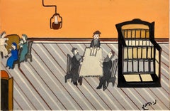Israeli Judaica Shtetl "The Lesson" Rabbi Studying Scene Naive Art Oil Painting