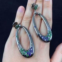 Natan Joias Tsavorite Garnet Sapphire Diamond Hoop Drop Earrings Black Gold 1990