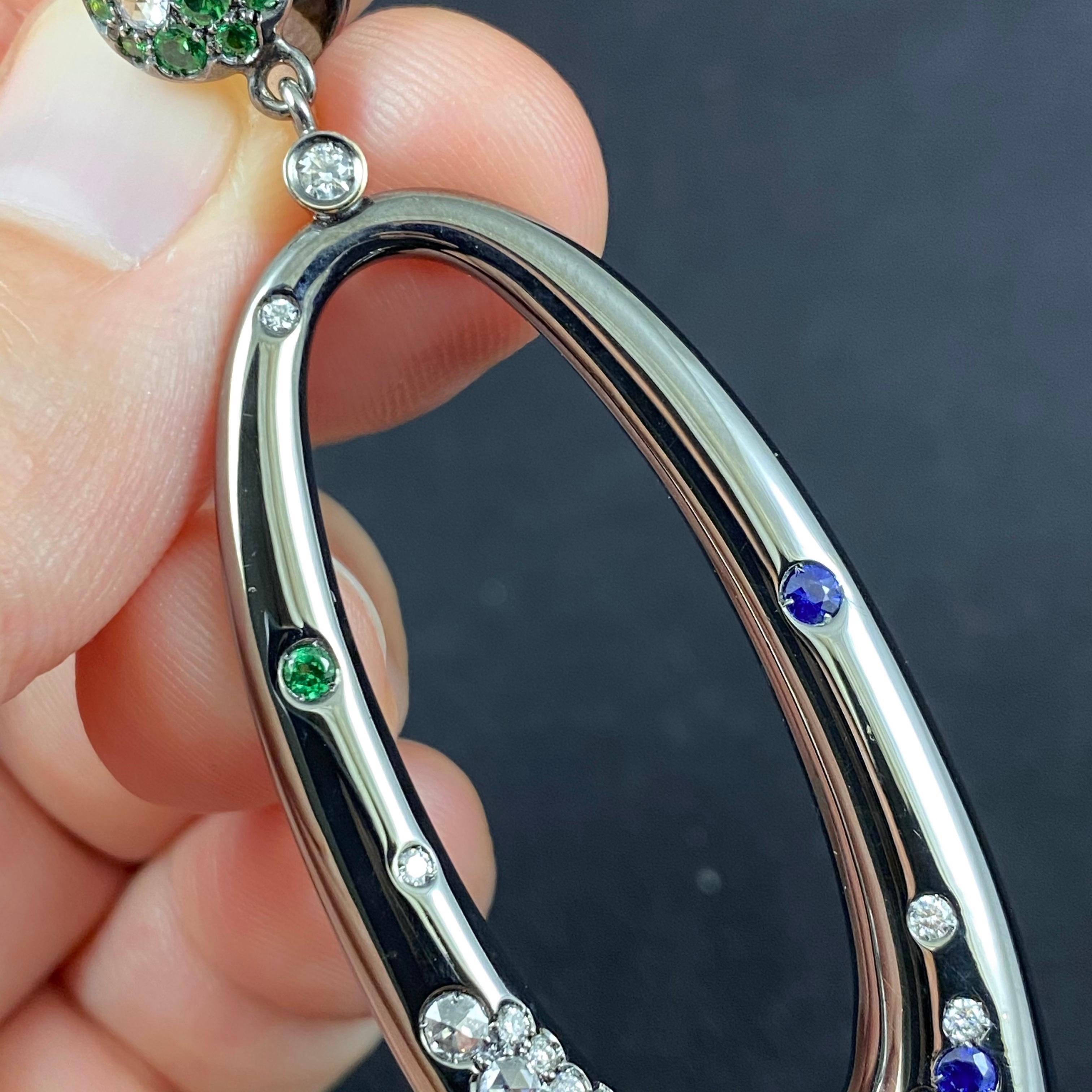 Modern Natan Joias Tsavorite Garnet Sapphire Diamond Hoop Drop Earrings Black Gold 1990 For Sale