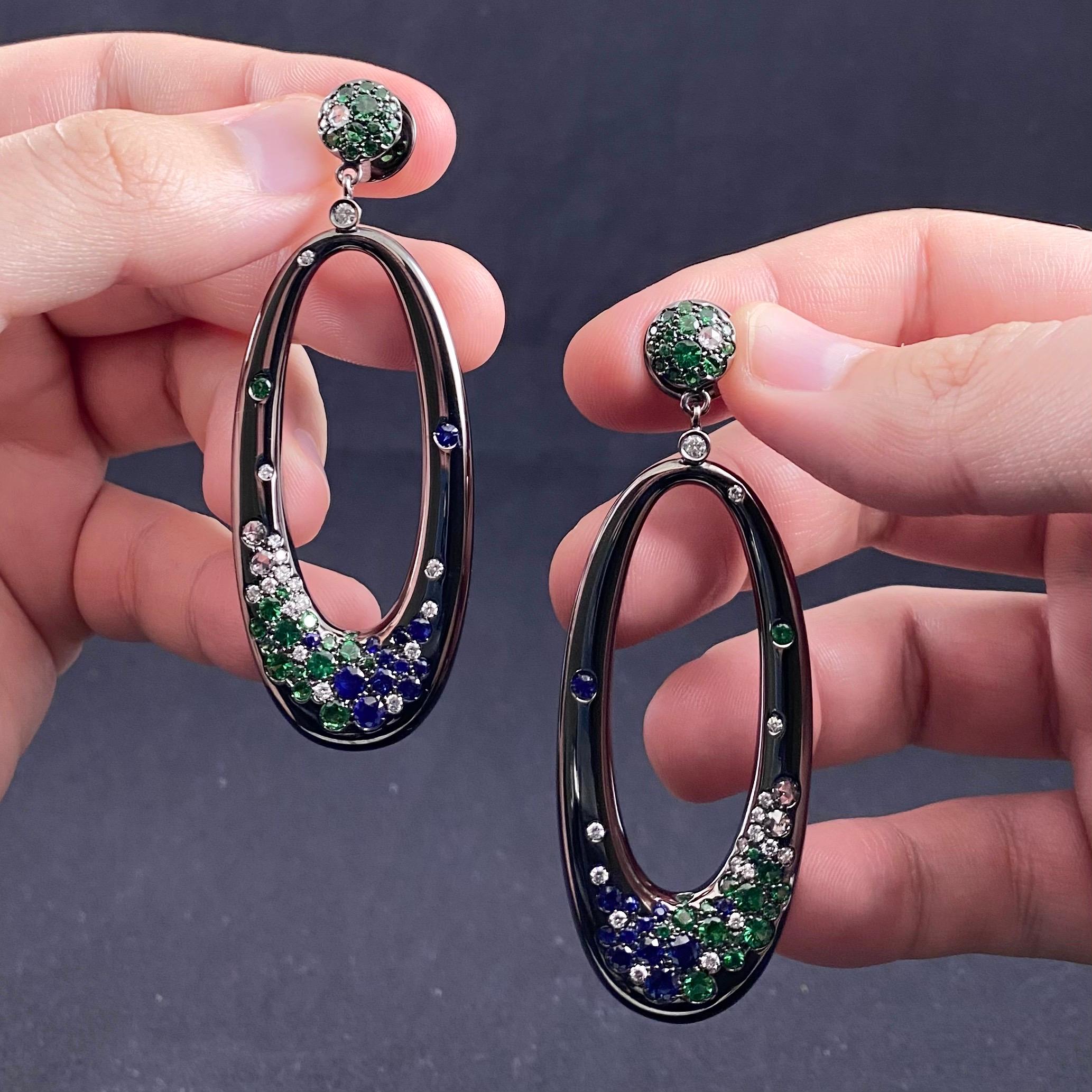 Natan Joias Tsavorite Garnet Sapphire Diamond Hoop Drop Earrings Black Gold 1990 In Good Condition For Sale In Lisbon, PT