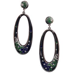 Retro Natan Joias Tsavorite Garnet Sapphire Diamond Hoop Drop Earrings Black Gold 1990