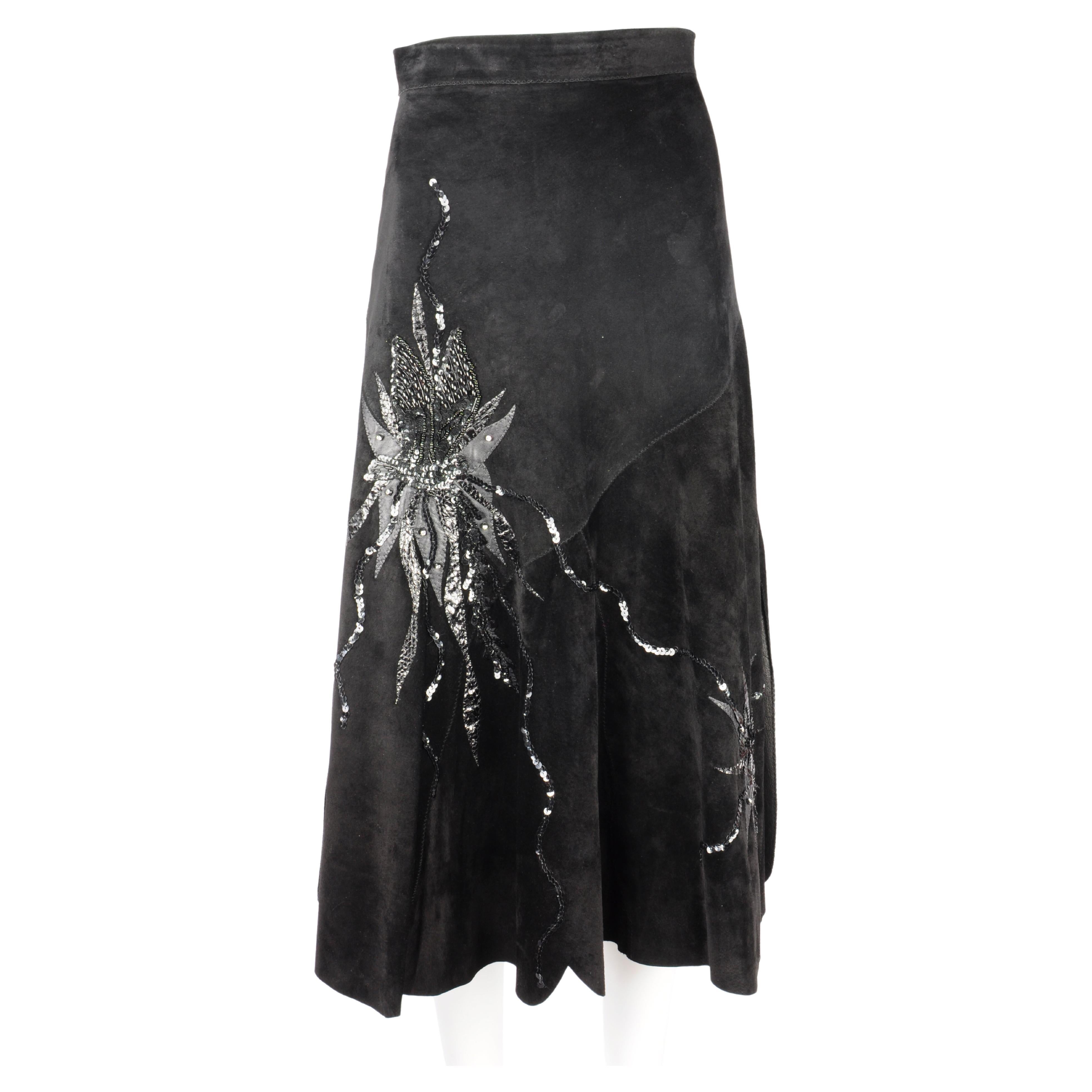 Natasa Dusseldorf St Tropez Suede Midi Skirt Star Patchwork Embellishment 1980s For Sale