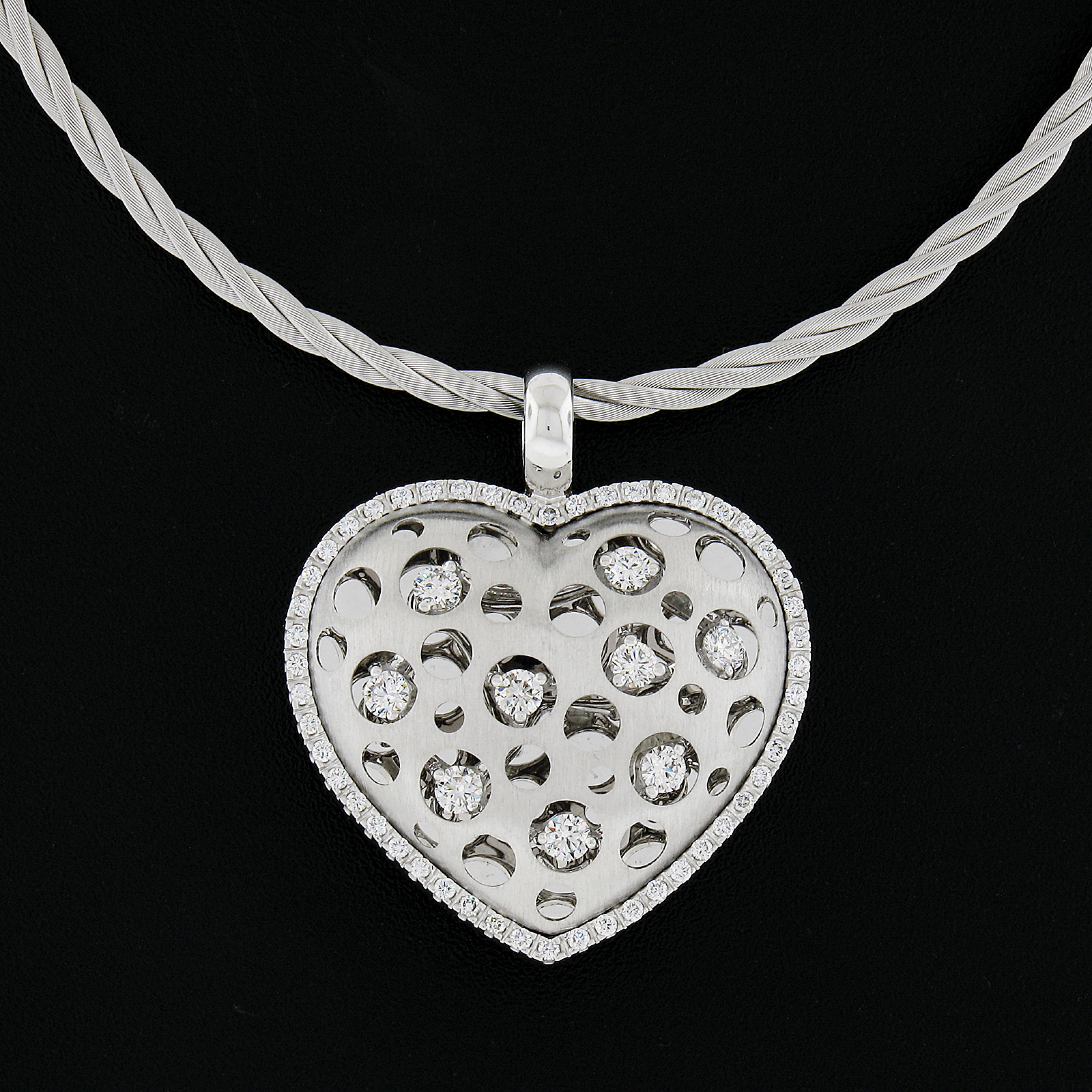 Round Cut Natasha C 18K Gold Diamond Pierced Puffed Heart Pendant Textured Rope Chain For Sale