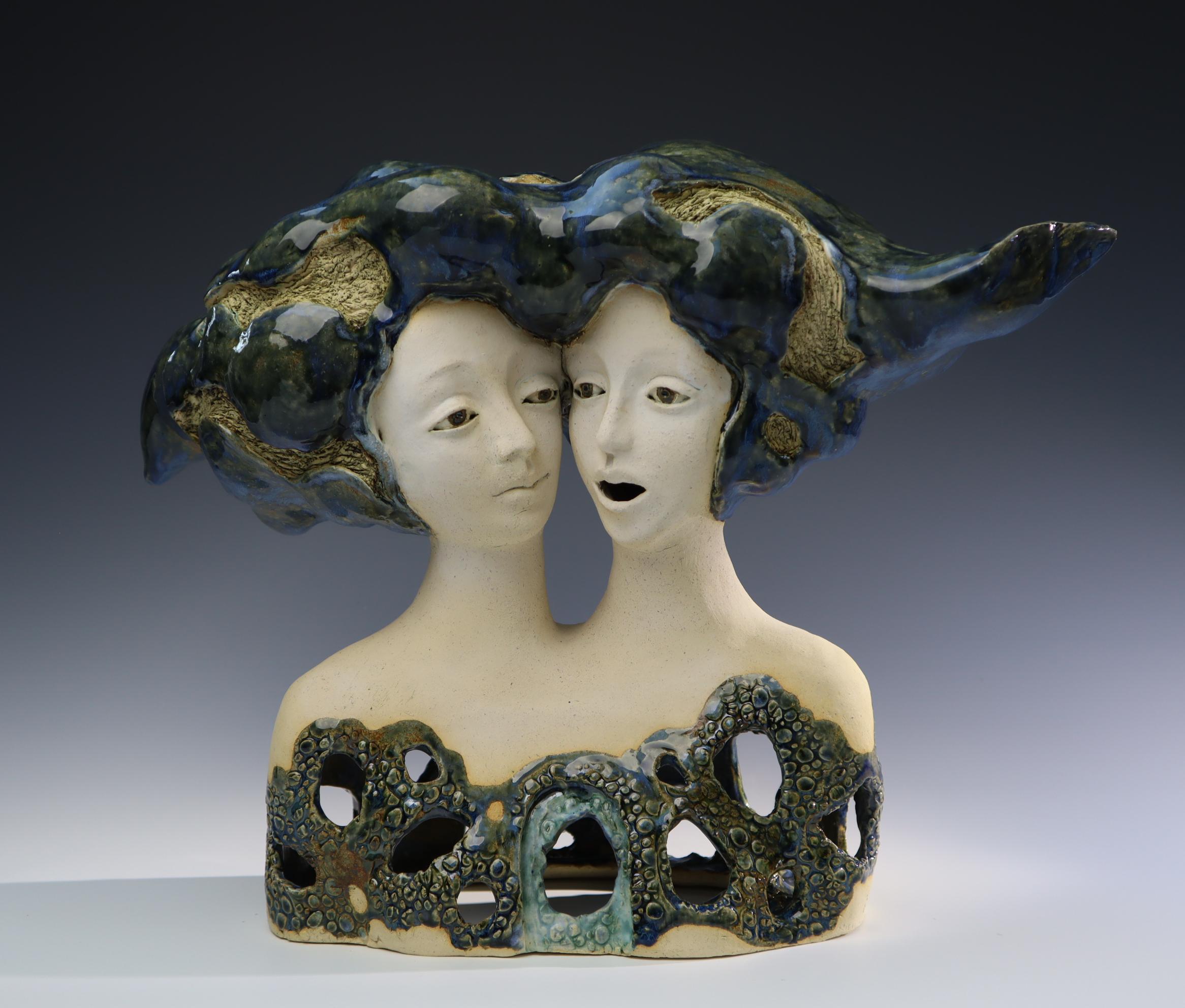 Natasha Dikareva Figurative Sculpture - "Listen Europe", contemporary, stoneware, figures, blue, sculpture