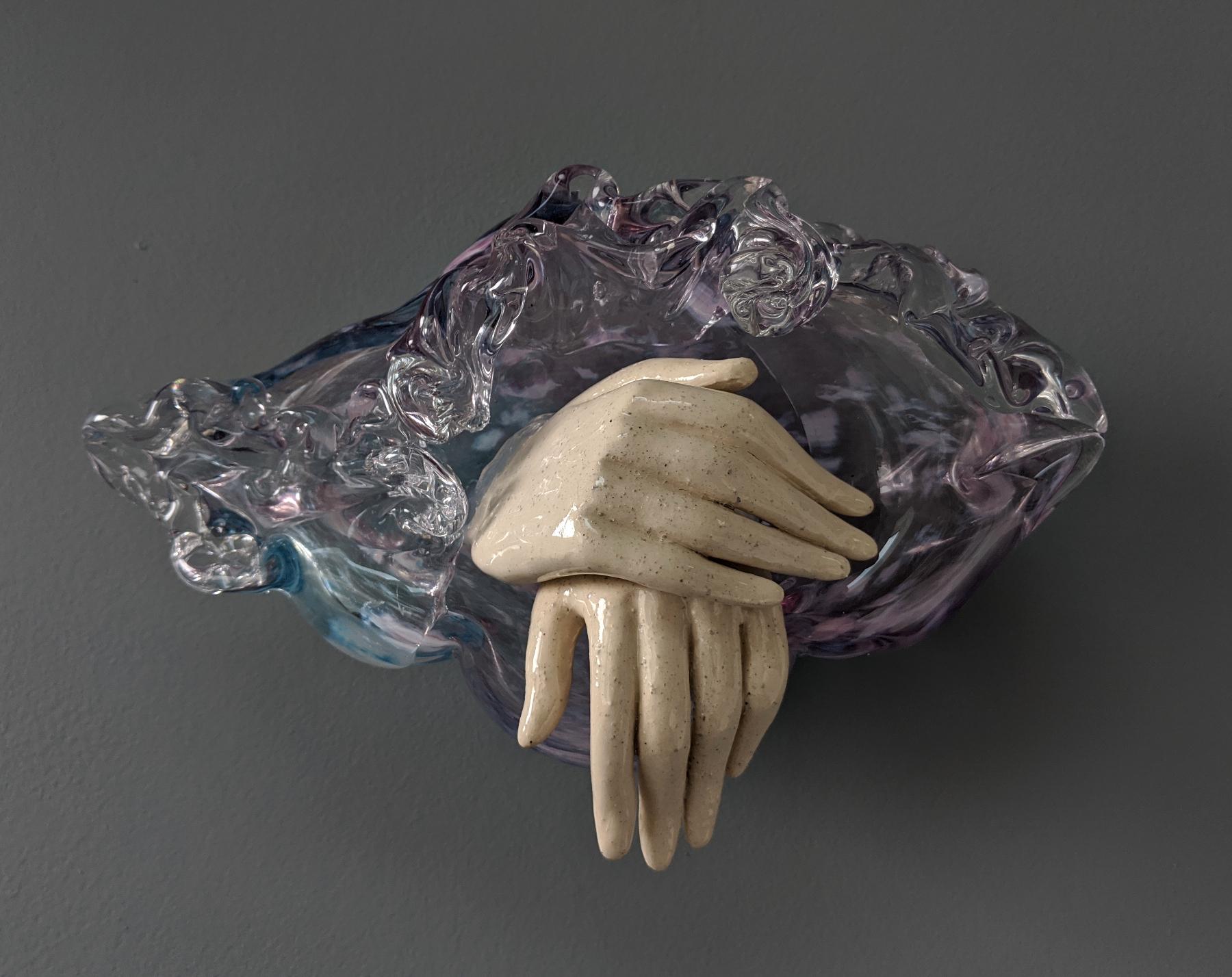 "Solace", contemporary, porcelain, glass, hands, cloud, purple, sculpture