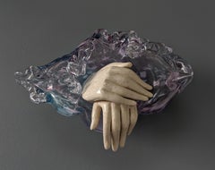 "Solace", sculpture, porcelain, glass, hands, cloud, purple