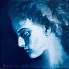 Blue Portrait - Contemporary Figurative Painting of Female (Blue+White) 