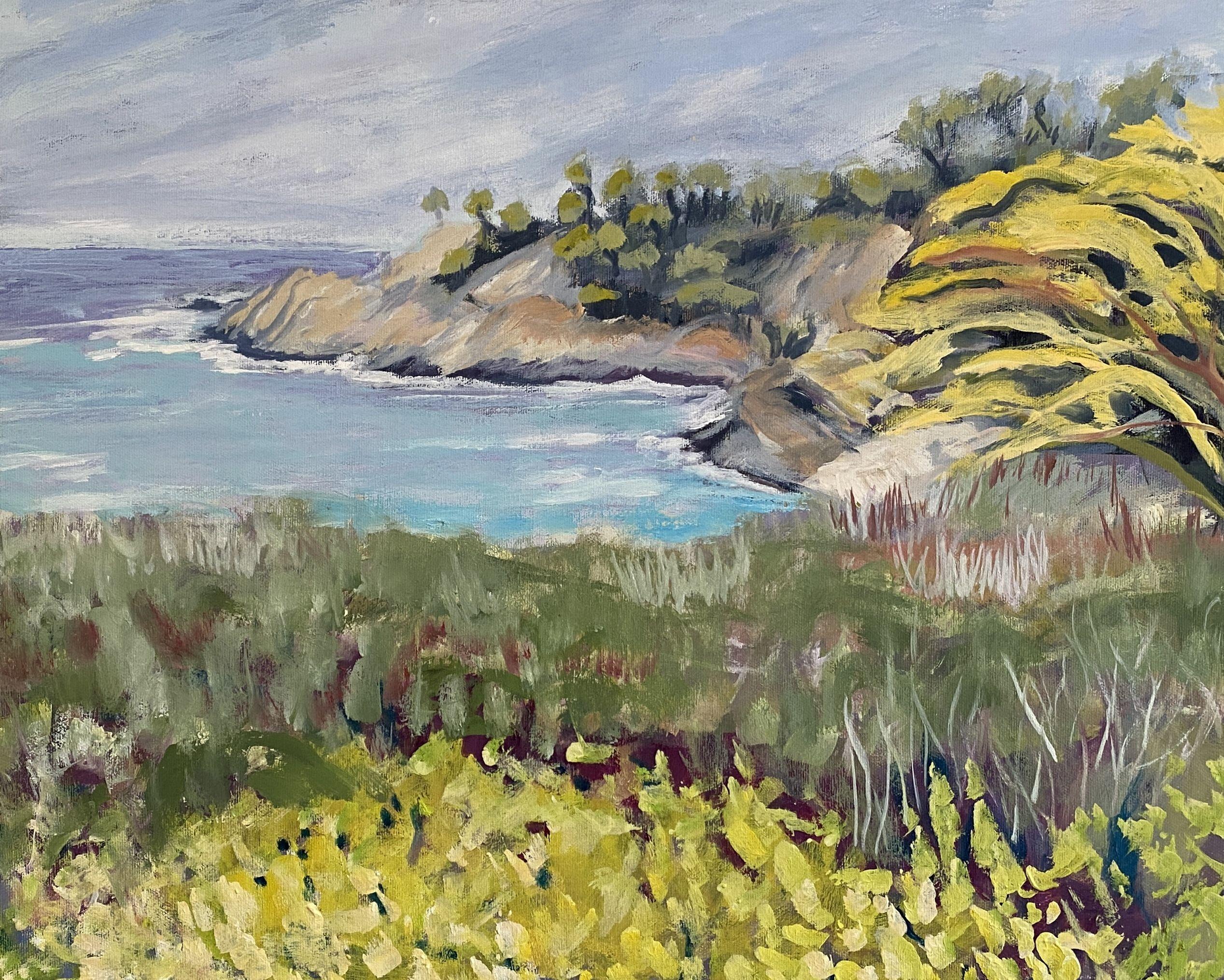 Inspired by the beautiful coves near Carmel beach in California.  Loved the way the water would come into these coves or tidal pools and the flora and vegetation on these rocky cliffs.   :: Painting :: Impressionist :: This piece comes with an