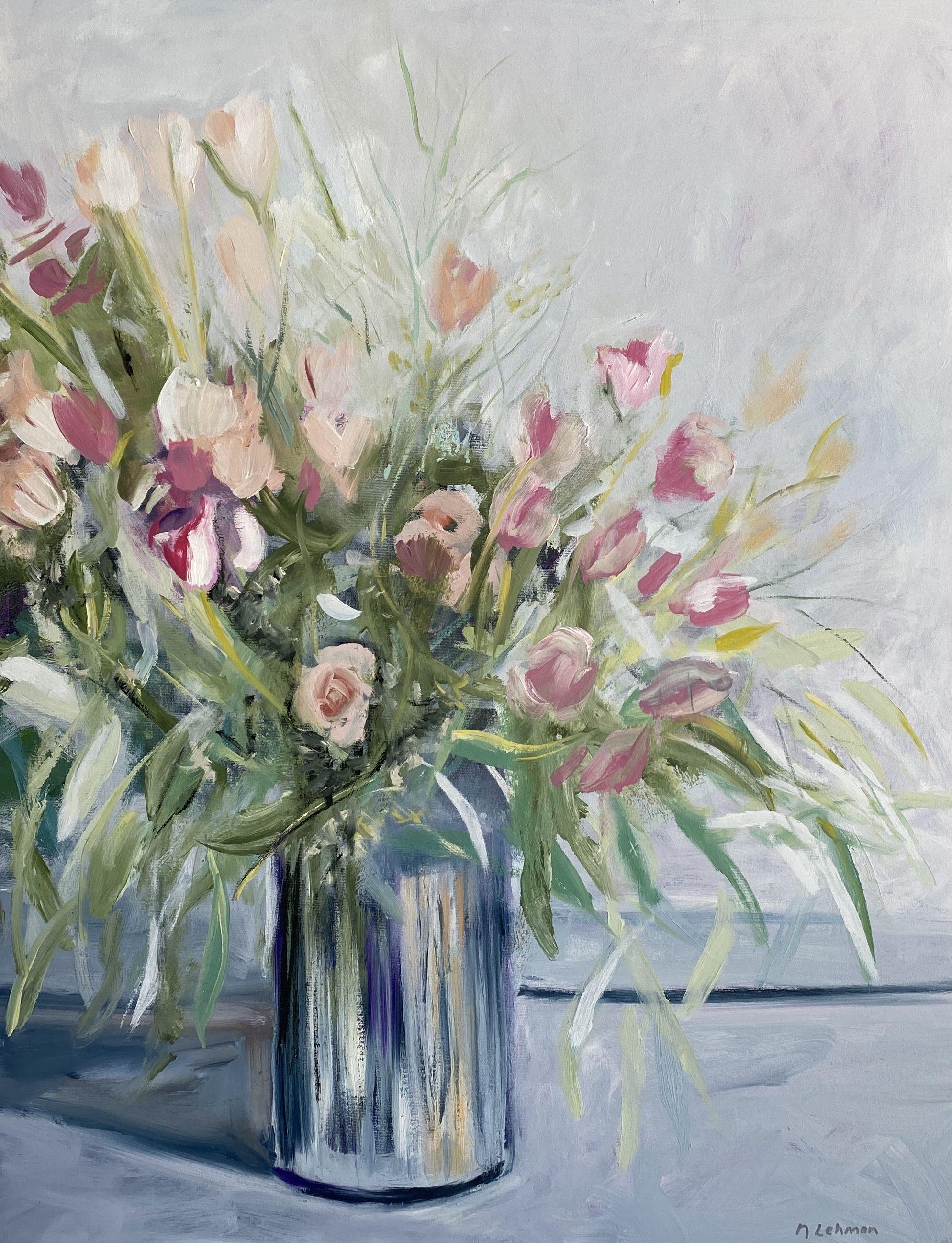 Soft, lyrical bouquet of flowers.  Loosely painted with soft tones or white, beige, pink and light green hues.  Comes ready to hang with painted edges in black on gallery thick canvas.    :: Painting :: Contemporary :: This piece comes with an