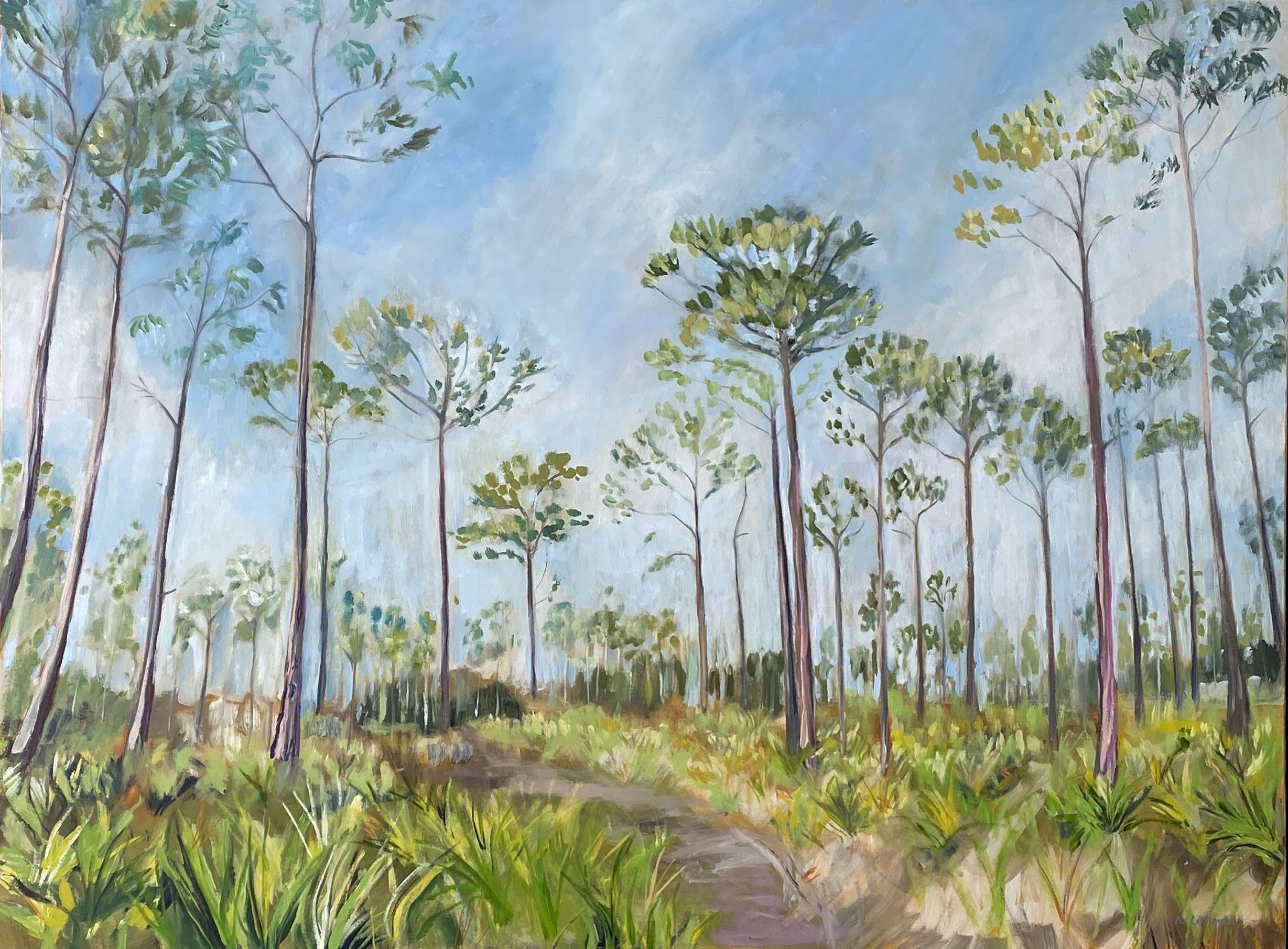 Summer day on a trail with pines.  Inspired by a bird sanctuary in Southern Florida.  Soft greens against against a blue sky.  Peaceful and serene. Comes framed with a dark walnut (almost black) floater frame).  :: Painting :: Contemporary :: This