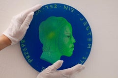 Circular Blue and Green Acrylic Portrait on Wood with Polish Text Inscription