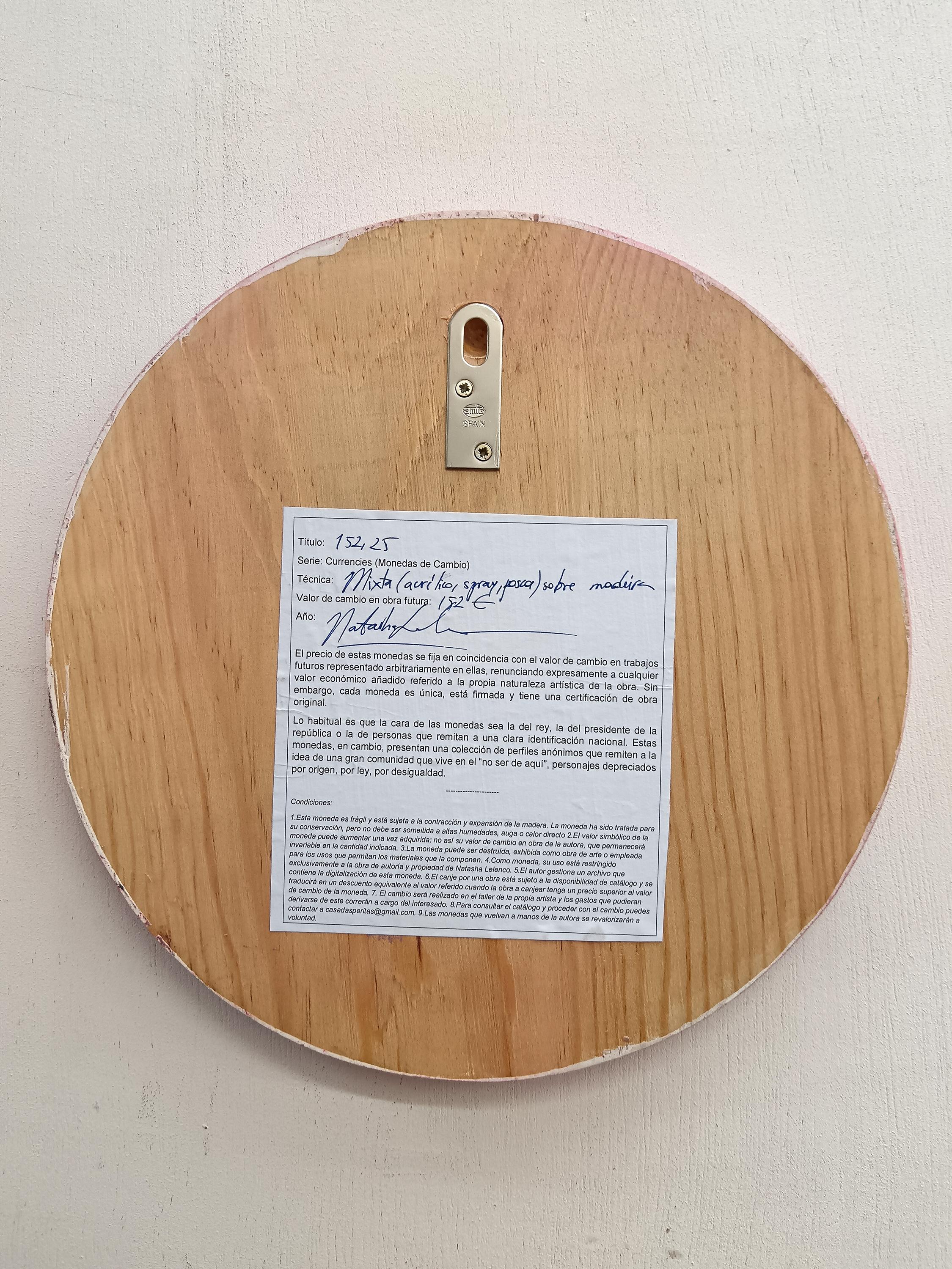 This artwork, part of Natasha Lelenco's Currencies series, features a side profile of a woman against a vibrant pink background, emulating the form of a coin. The inscription around the edge of the piece reads in French, 