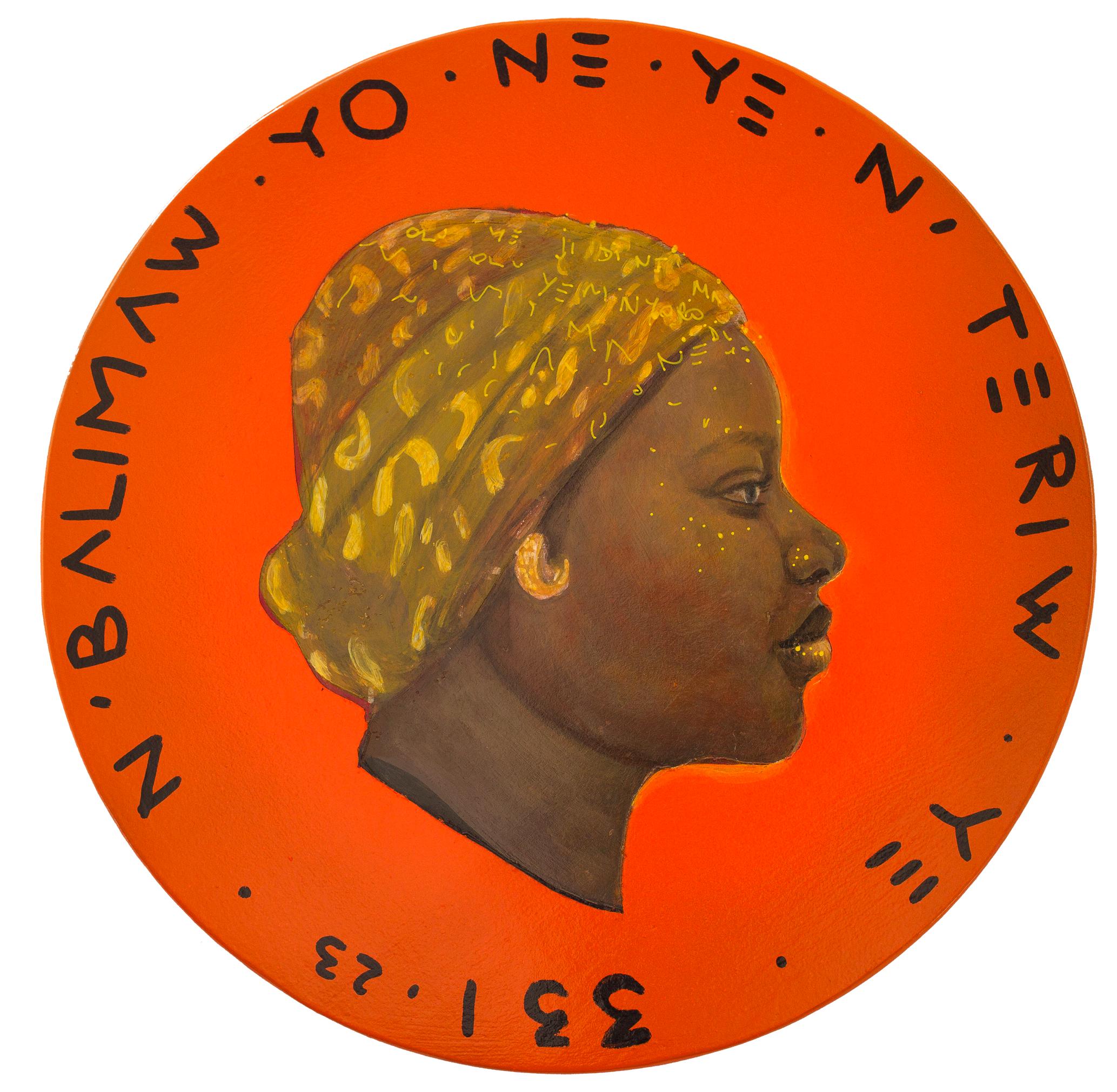 African Woman Profile Colorful Portrait on Wooden Coin. Orange "Currency #198" - Mixed Media Art by Natasha Lelenco
