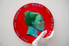 Bold Conceptual Migrant Portrait on Red Coin. Romanian. "Currency #233"