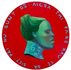 Bold Conceptual Migrant Portrait on Red Coin. Romanian. "Currency #233"