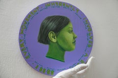 Circular Painting on Wood, Green Profile on Purple Background, "Currency #251"