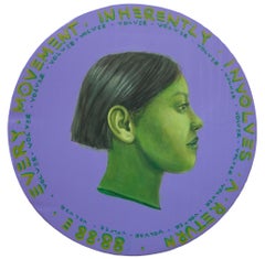 Circular Painting on Wood, Green Profile on Purple Background, "Currency #251"