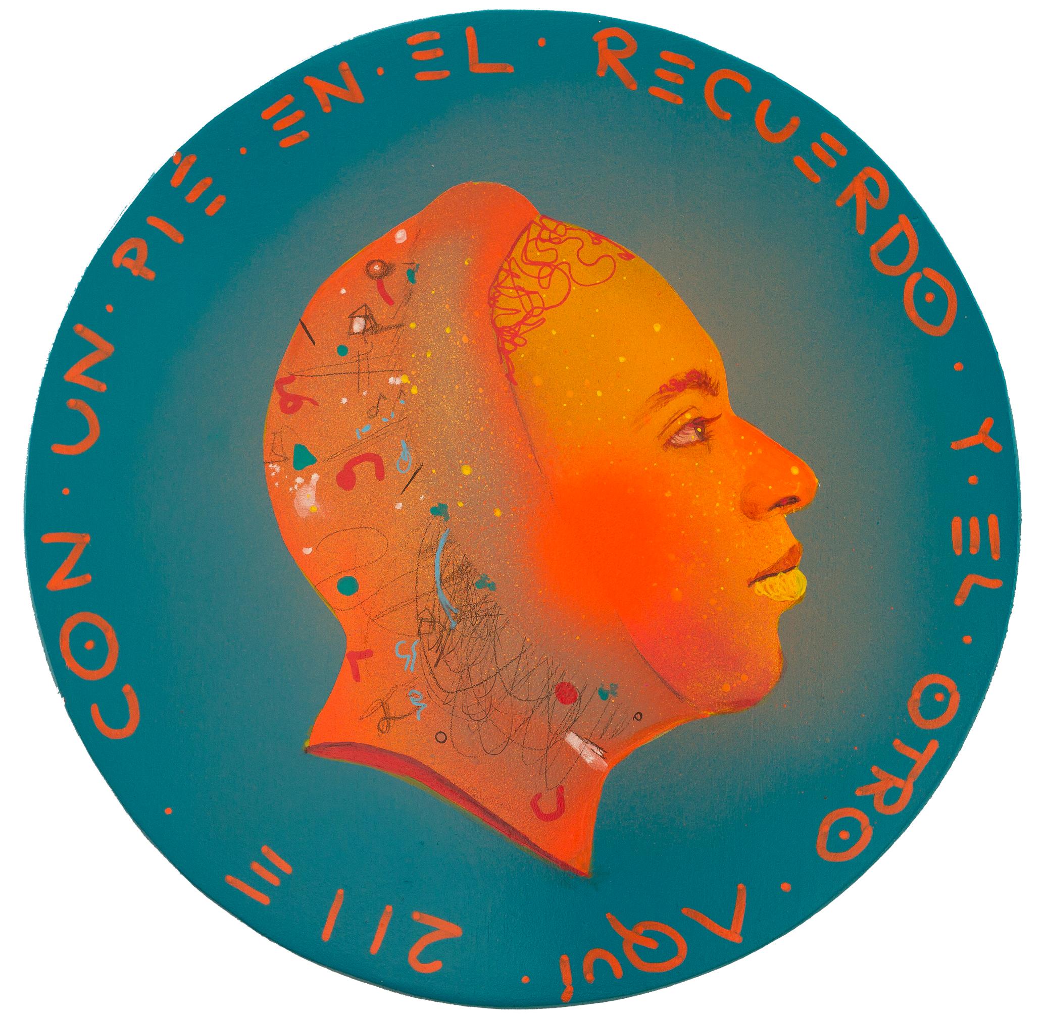 Natasha Lelenco Portrait Painting - Collectible Pop Surrealist Portrait on Wooden Coin. Blue "Currency #216"