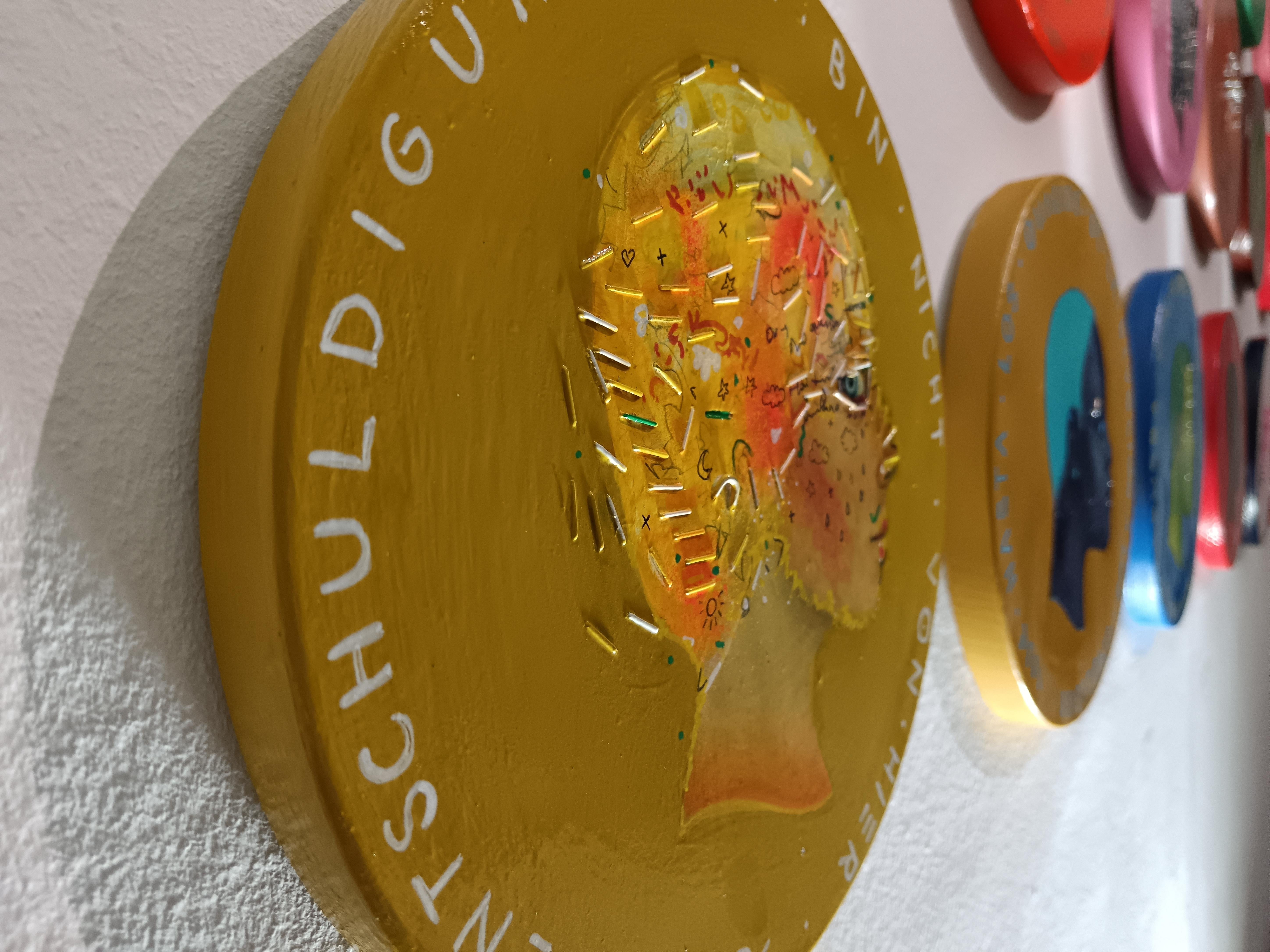 Colorful Abstract Naive Profile Female Portrait On Wooden Coin. 