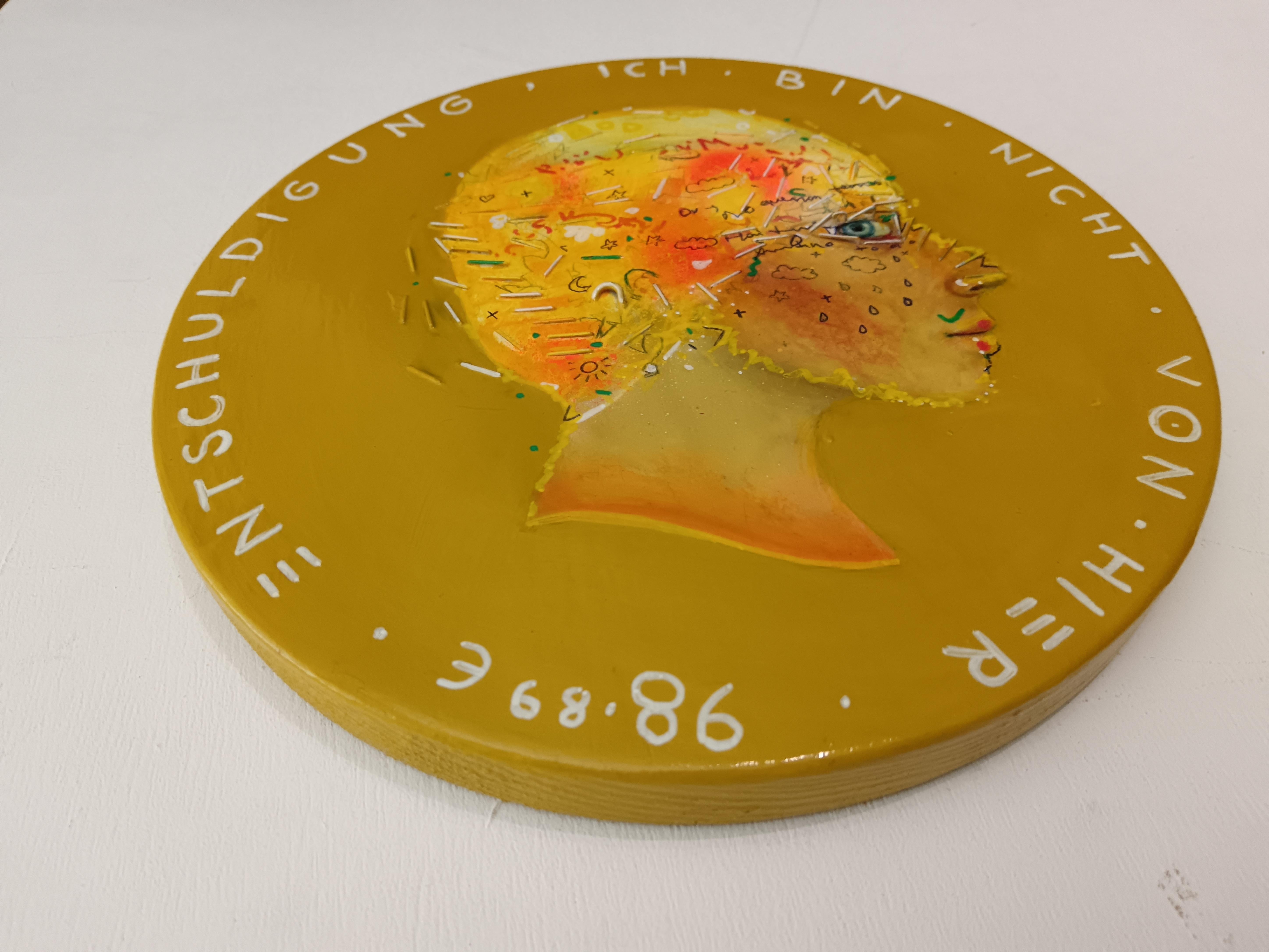 Colorful Abstract Naive Profile Female Portrait On Wooden Coin. 