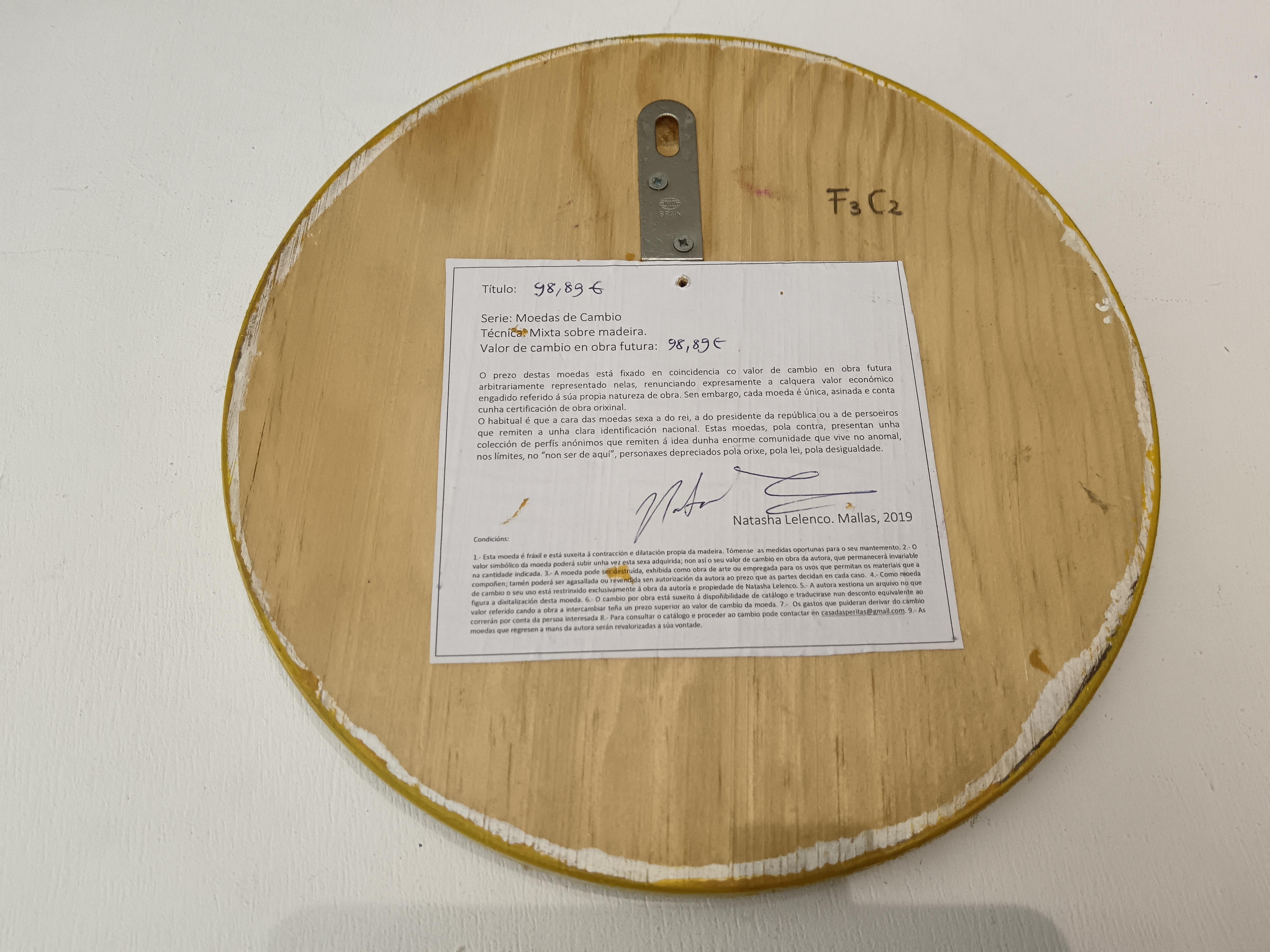 Colorful Abstract Naive Profile Female Portrait On Wooden Coin. 