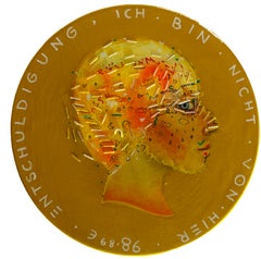 Colorful Abstract Naive Profile Female Portrait On Wooden Coin. "Currency #161"