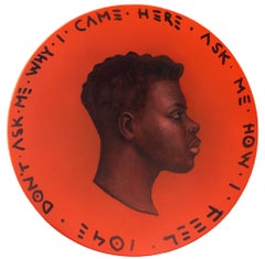 Portrait de visage coloré sur une pièce de bois. Femme noire sur orange « Currency #197 »