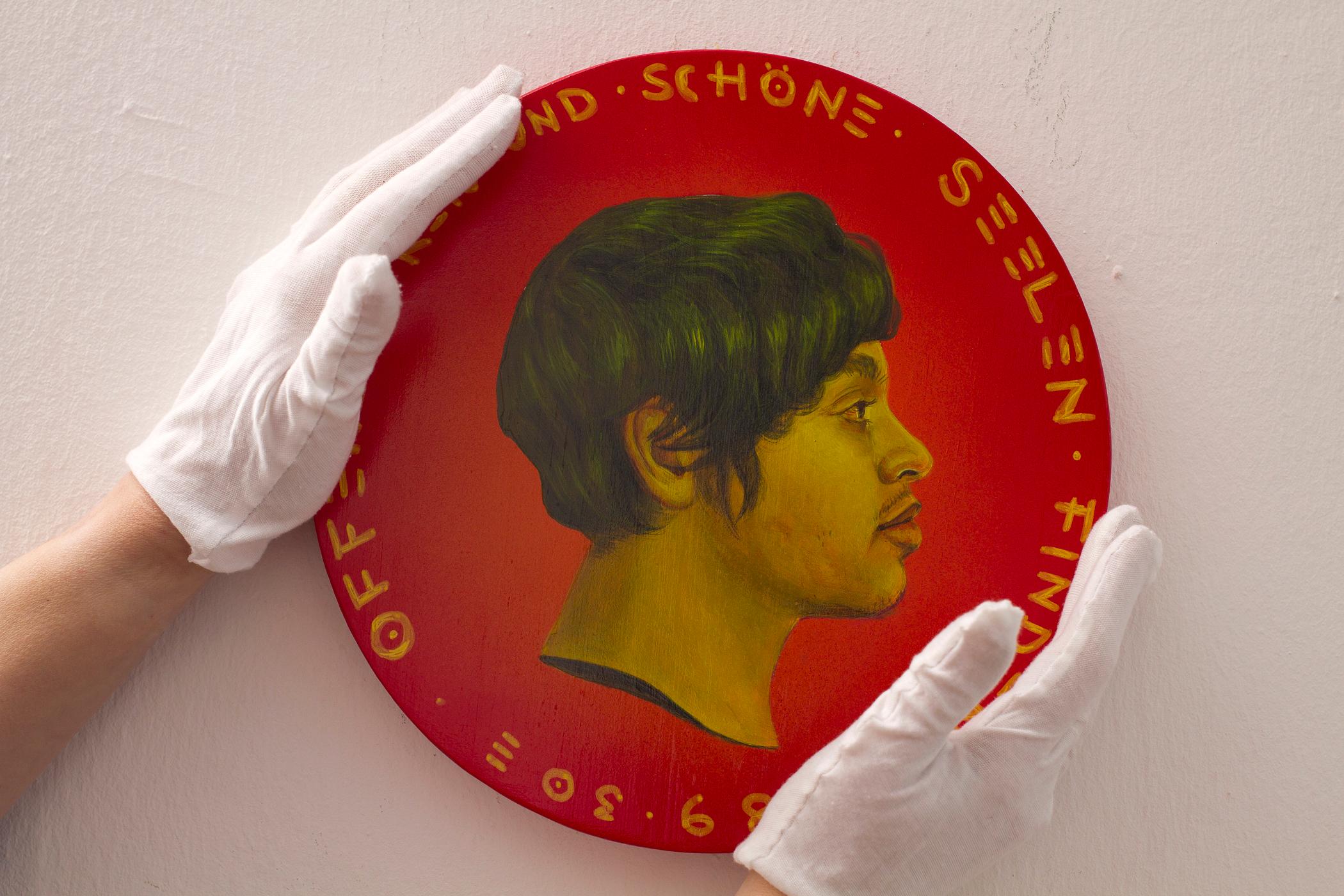 Colorful Hyperfigurative Portrait on Wooden Coin. Latino. German 