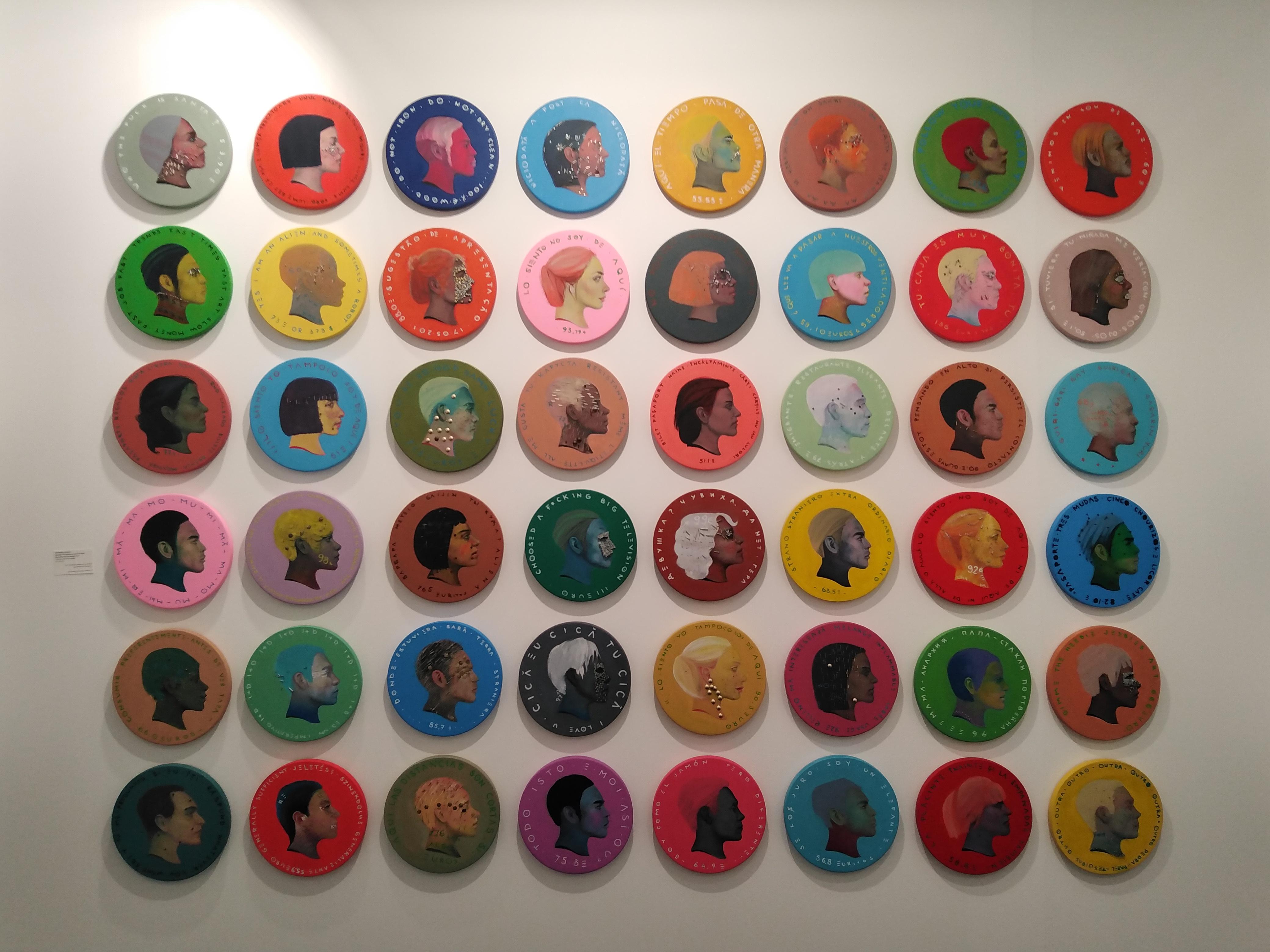 Colorful Pop Portrait On A Wooden Coin. Orange. Abstract Face . 