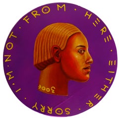 Colorful Profile Portrait On A Wooden Coin. Violet Background. "Currency #159"