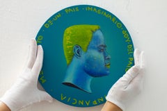 Conceptual Portrait of Migrant on Wooden Coin. Cya . Latino. "Currency #229"