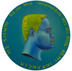 Conceptual Portrait of Migrant on Wooden Coin. Cya . Latino. "Currency #229"