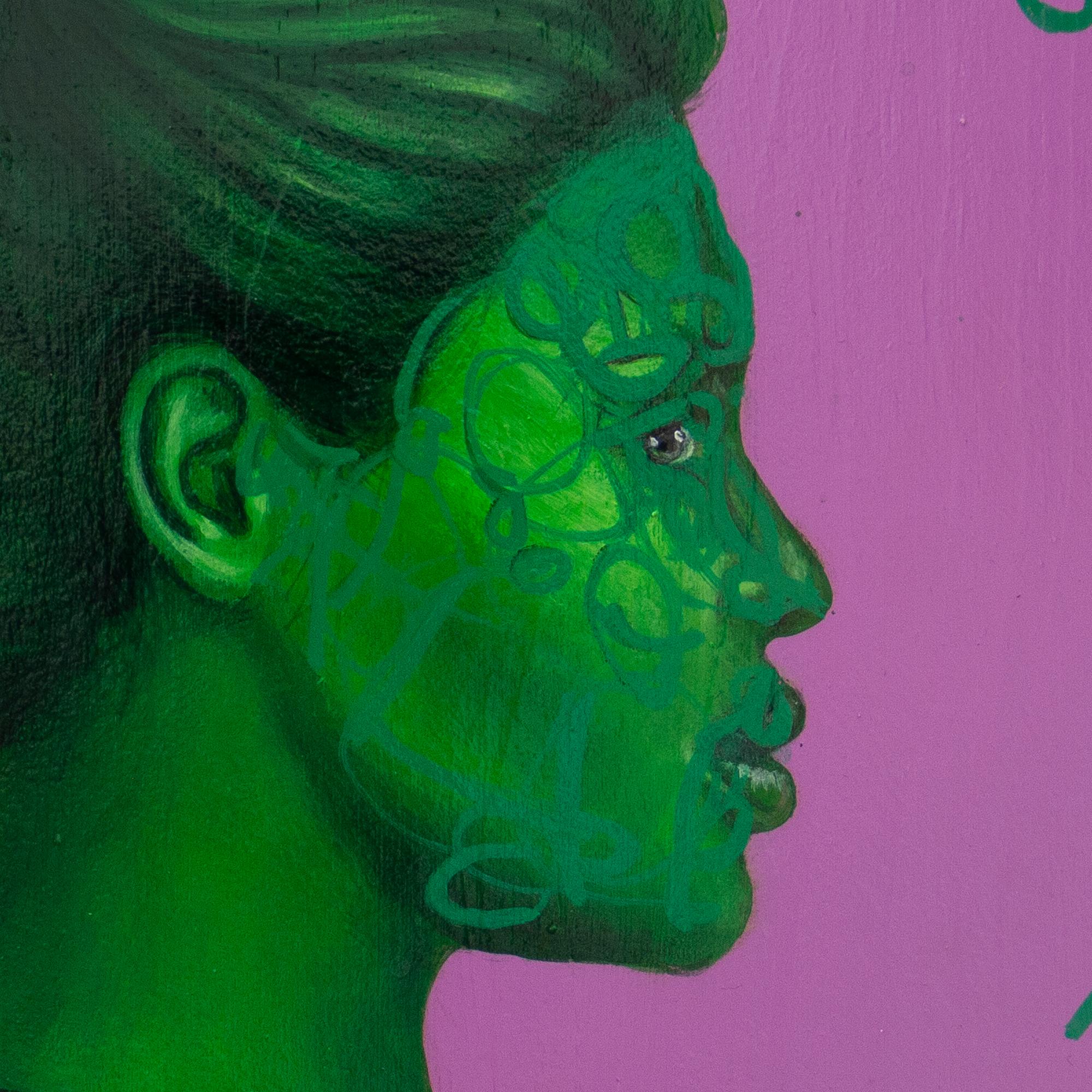 Ritratto contemporaneo con sfondo rosa e volto femminile verde. Valuta #232 - Mixed Media Art Pop Art di Natasha Lelenco