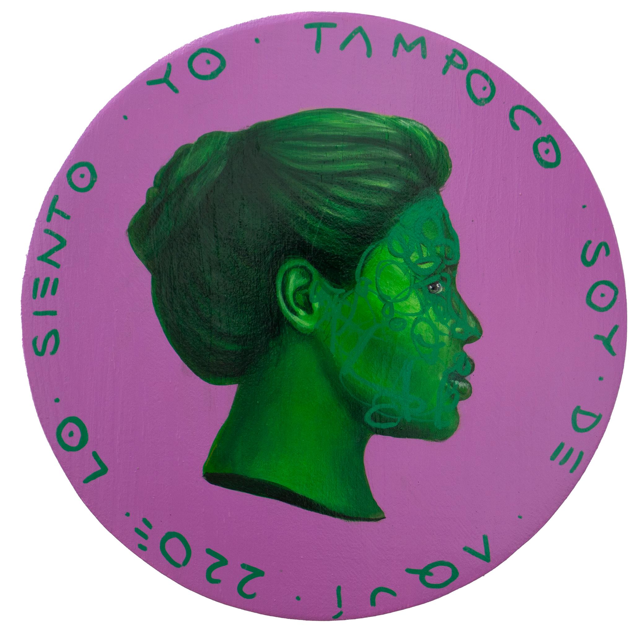 Ritratto contemporaneo con sfondo rosa e volto femminile verde. Valuta #232