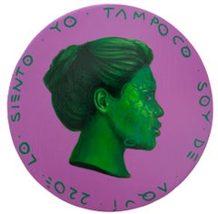 Ritratto contemporaneo con sfondo rosa e volto femminile verde. Valuta #232