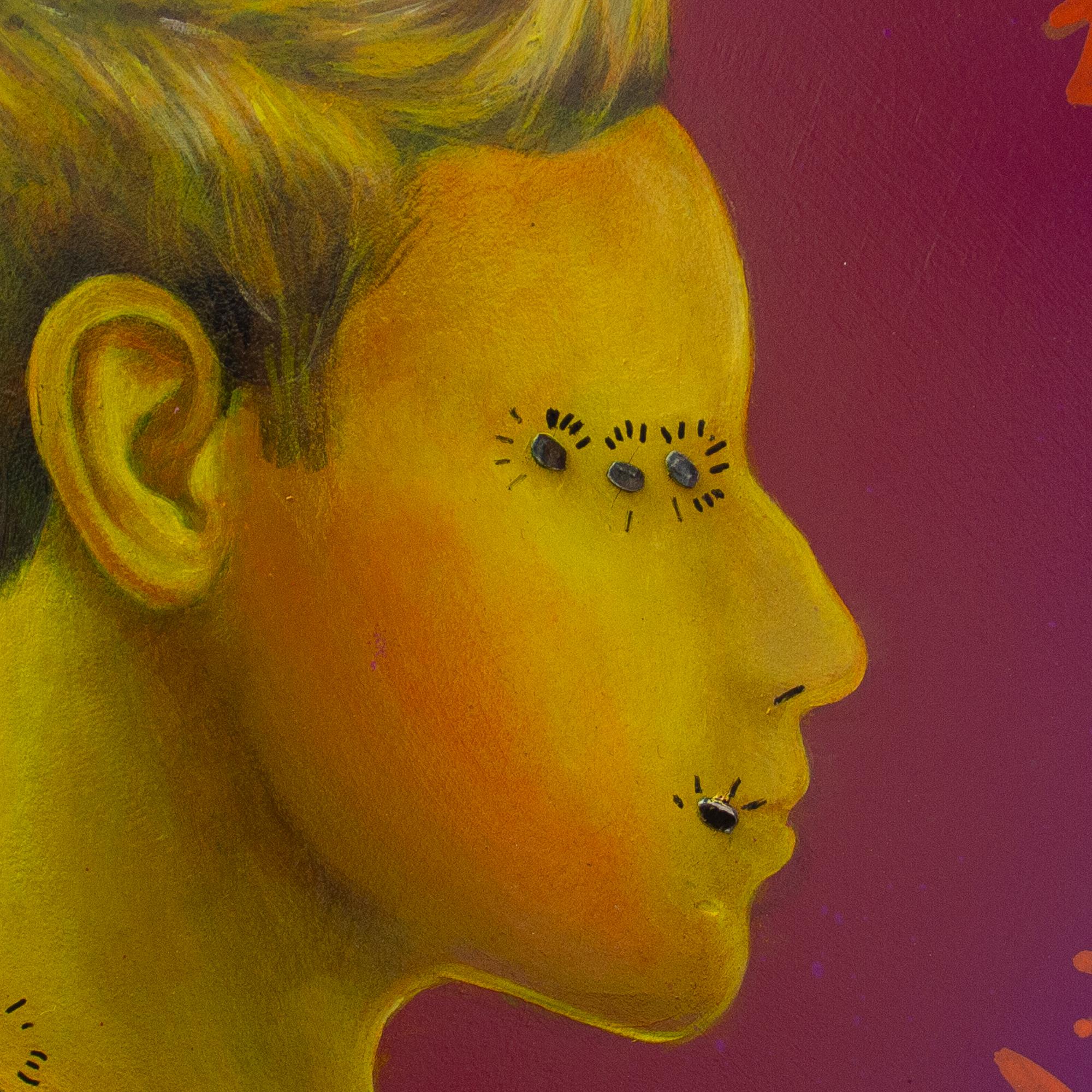 Ritratto queer con iscrizione illeggibile e sfondo viola. Valuta #231 - Painting di Natasha Lelenco