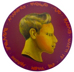 Retrato marica con inscripción ilegible y fondo morado. Moneda #231