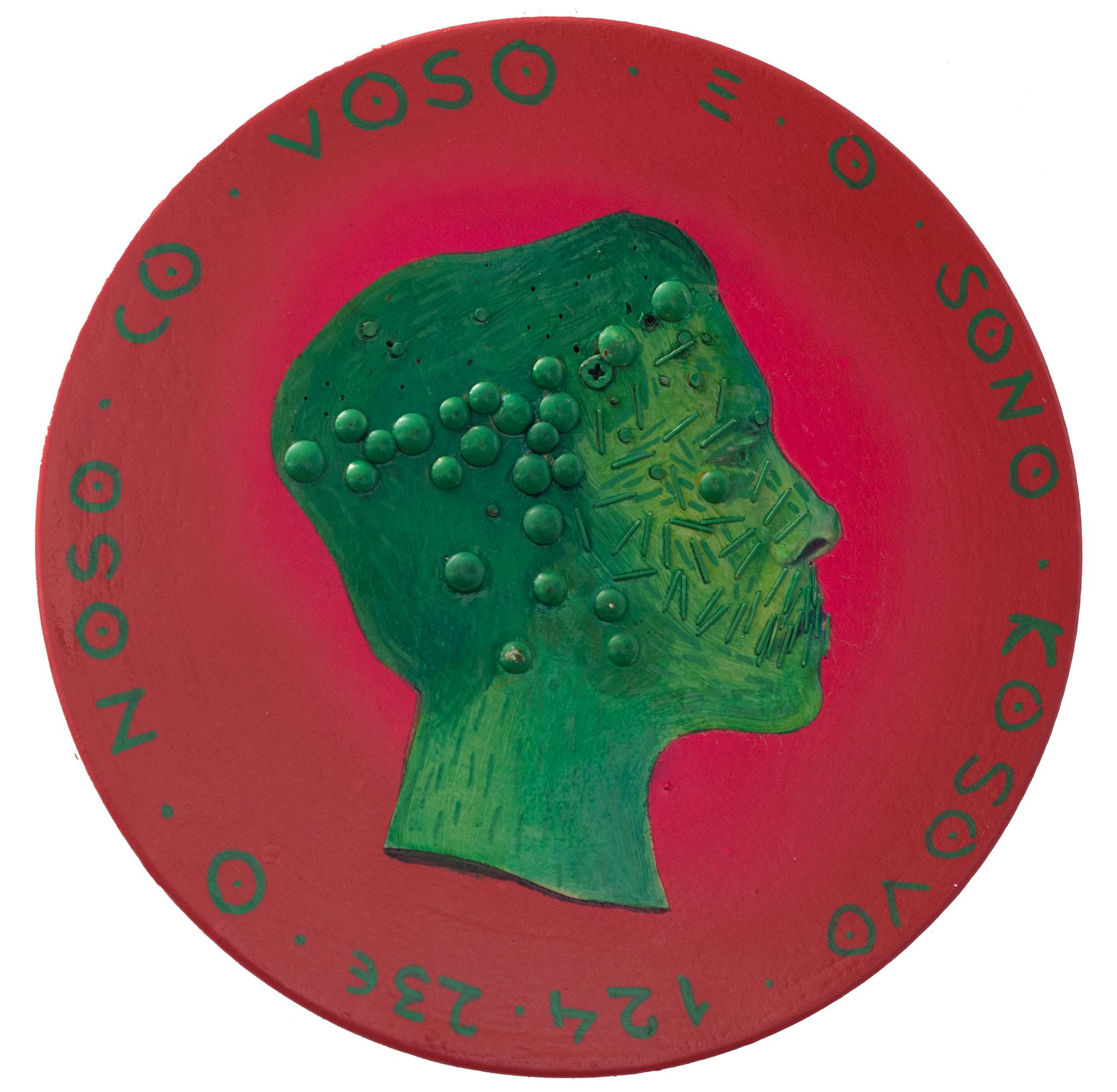 Natasha Lelenco Portrait Painting - Contemporary Mixed Media Side Profile Portrait. Red And Green.  "Currency #205"