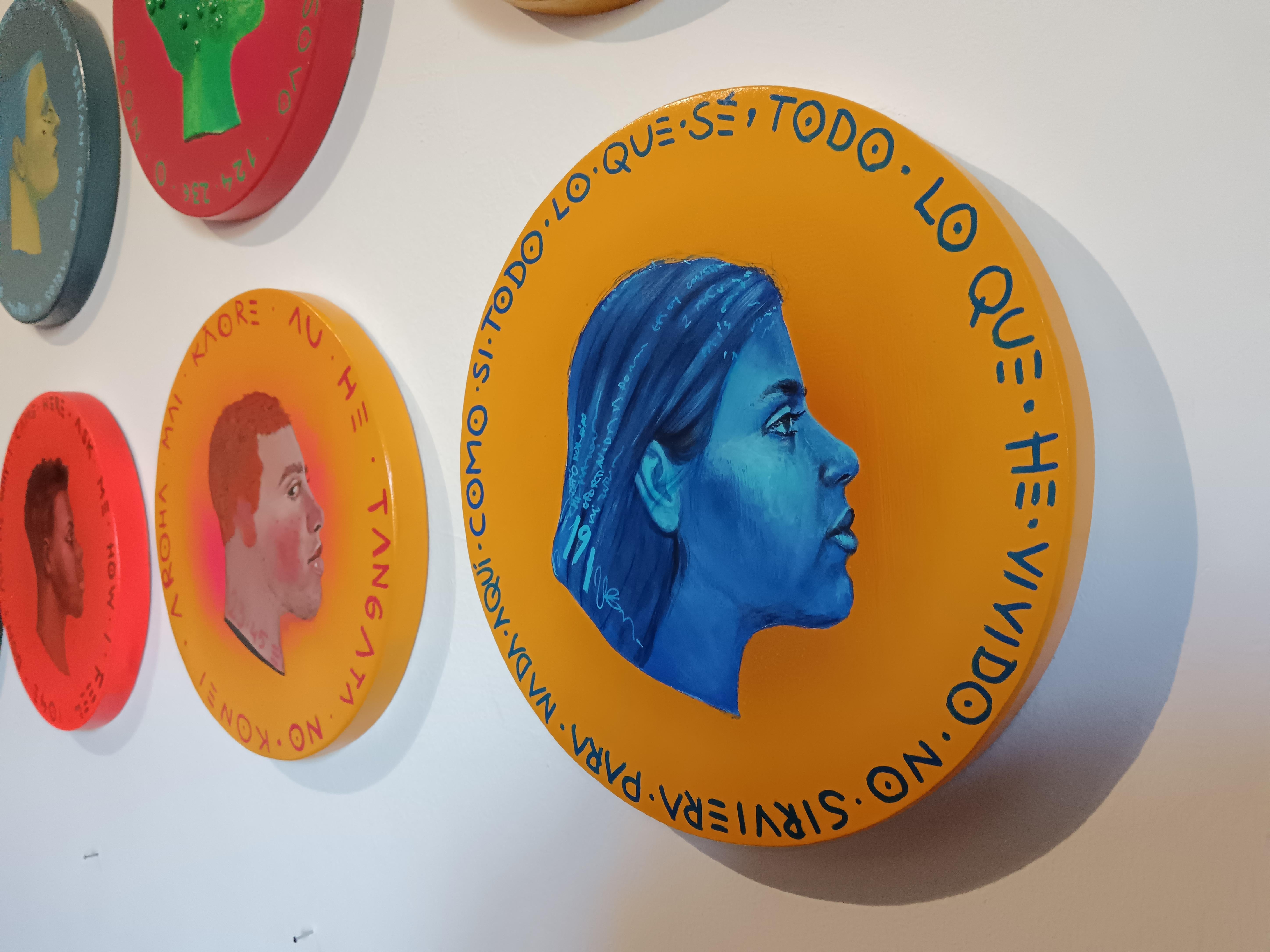 Contemporary Blue Face Girl Portrait on Wooden Orange Coin. 