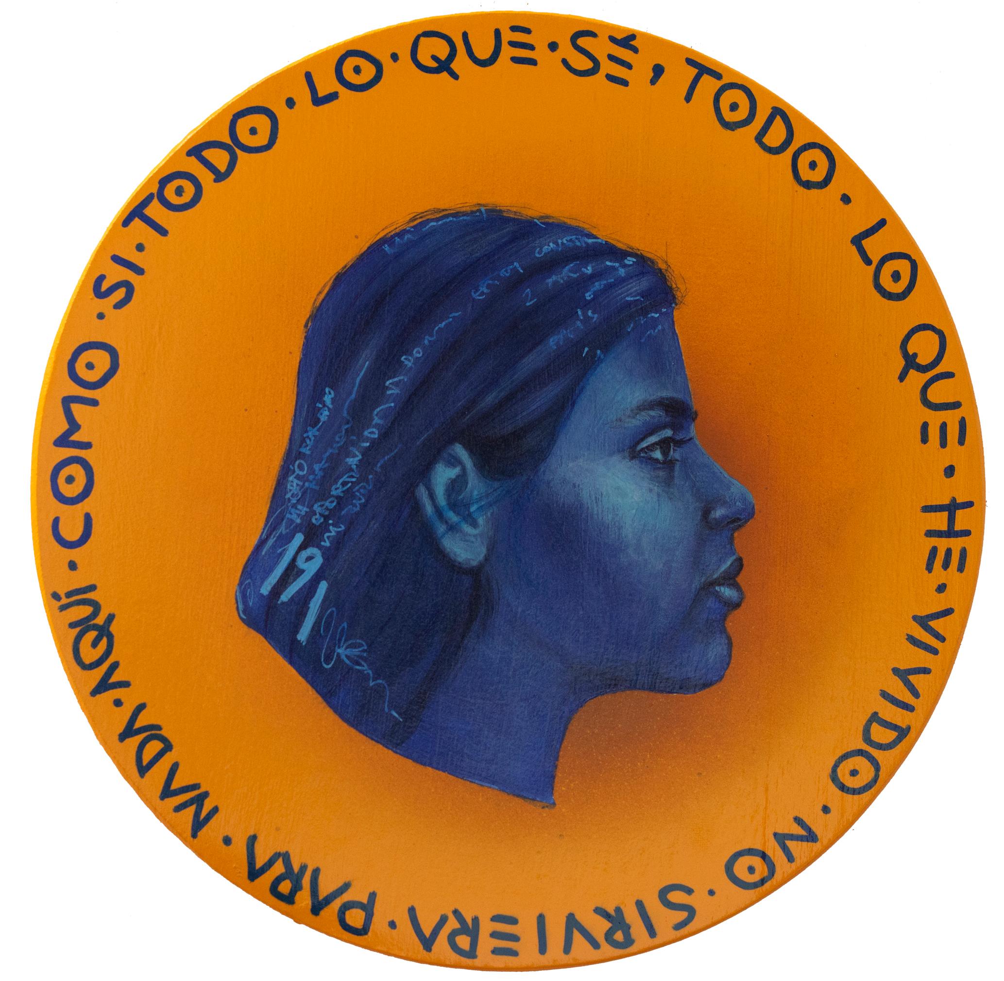 Retrato Femenino Latino Coleccionable sobre Madera, Acrílico. Moneda Naranja. Moneda #200