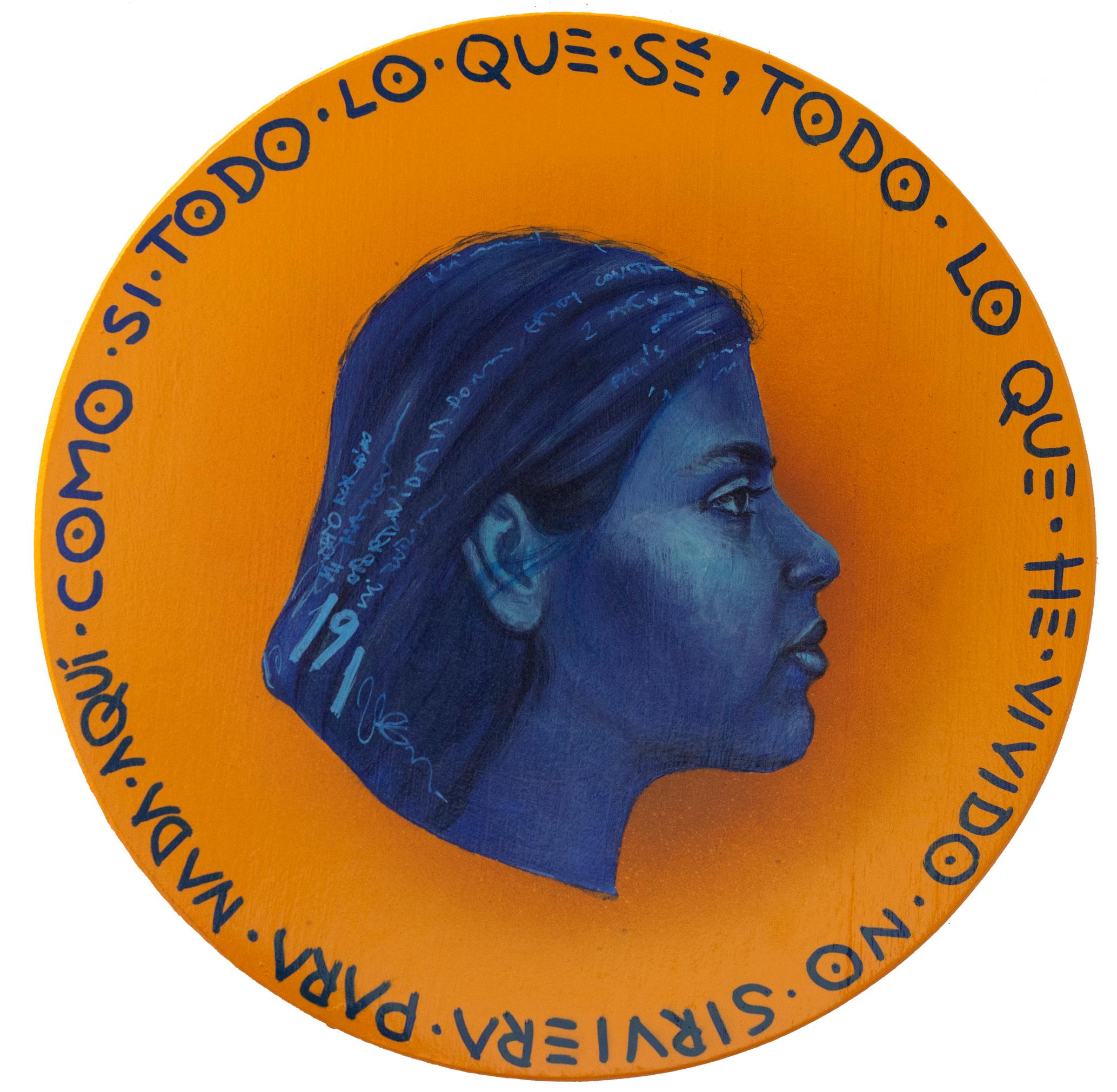 Natasha Lelenco Portrait Painting - Contemporary Blue Face Girl Portrait on Wooden Orange Coin. "Currency #200"