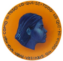 Portrait féminin contemporain en bleu sur Wood. Pièce orange. "Monnaie #200"