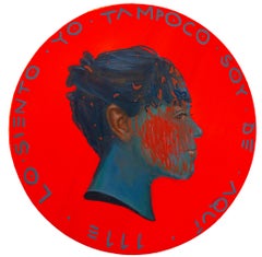 Contemporary Face Coin Woman Portrait on Wood. Red Background. "Currency #245"