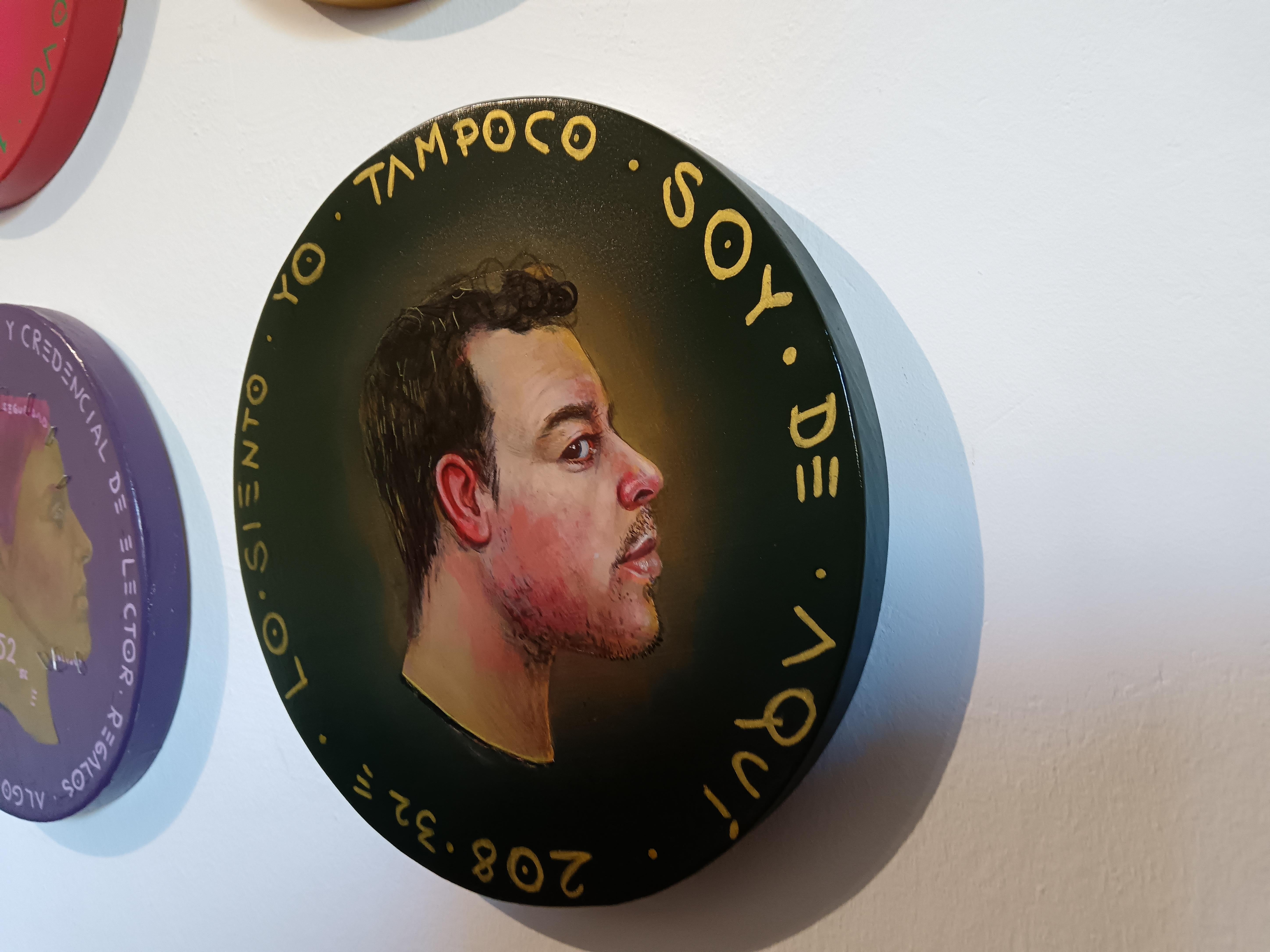 Contemporary Face Portrait On A Wooden Coin. Latin man. 