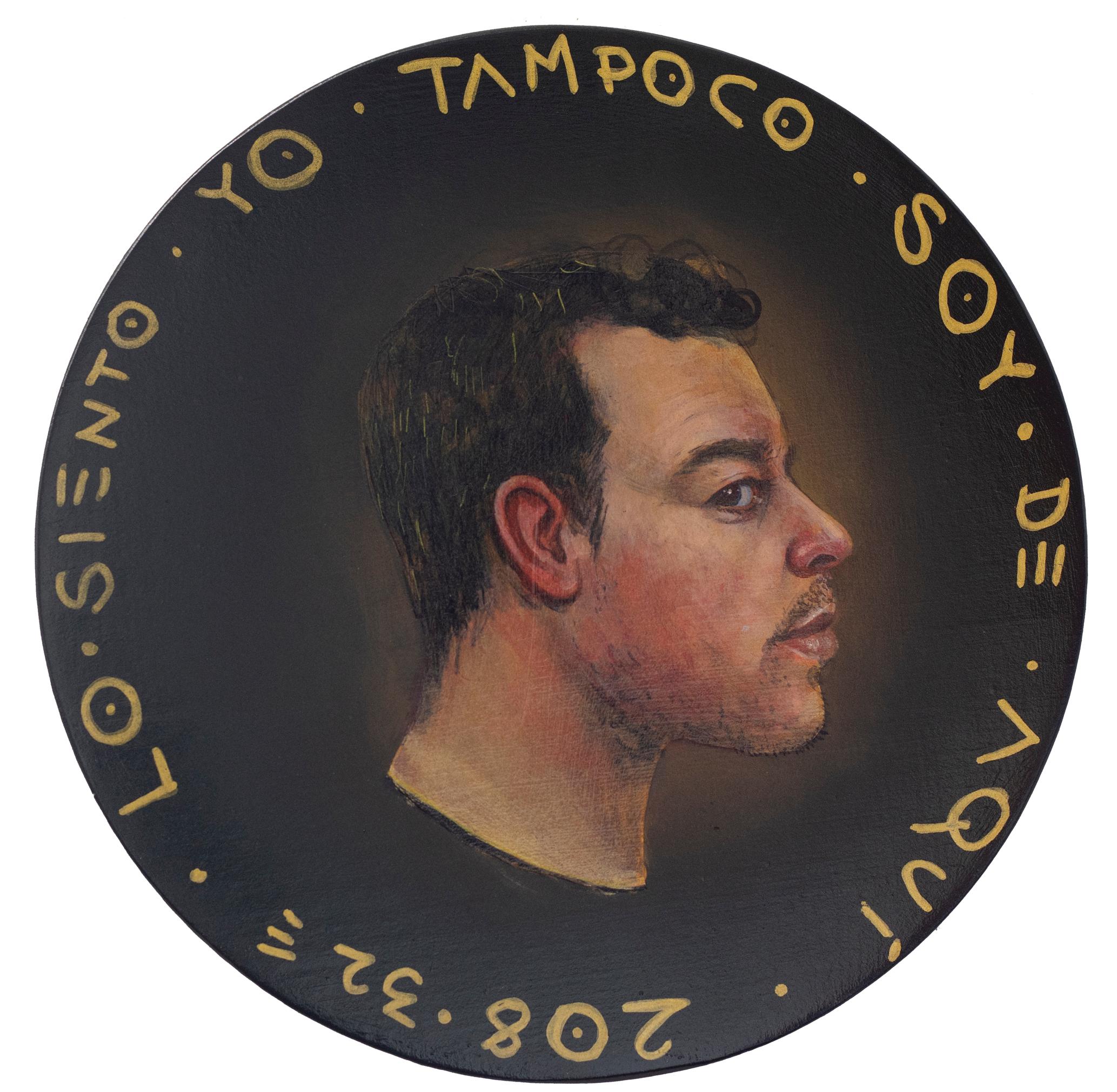 Natasha Lelenco Portrait Painting - Contemporary Face Portrait On A Wooden Coin. Latin man. "Currency #196"